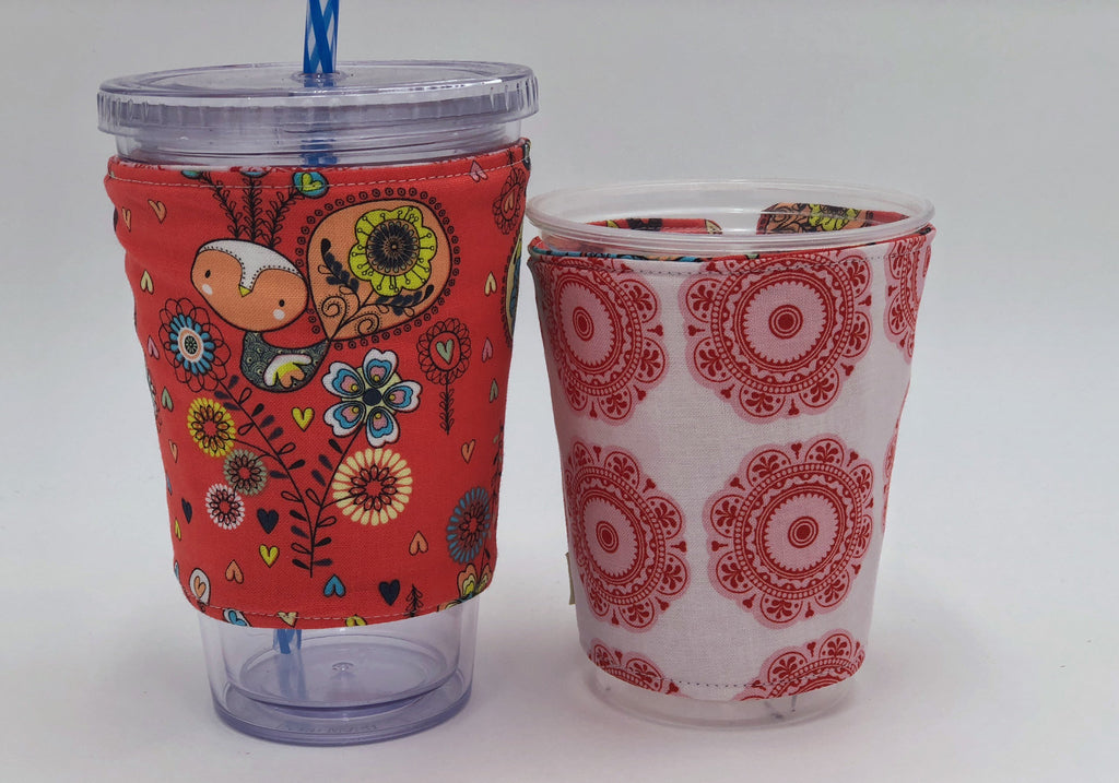 Peacock Iced Coffee Cozy, Red Insulated Hot Coffee Sleeve, Reversible Drink Cozy - EcoHip Custom Designs