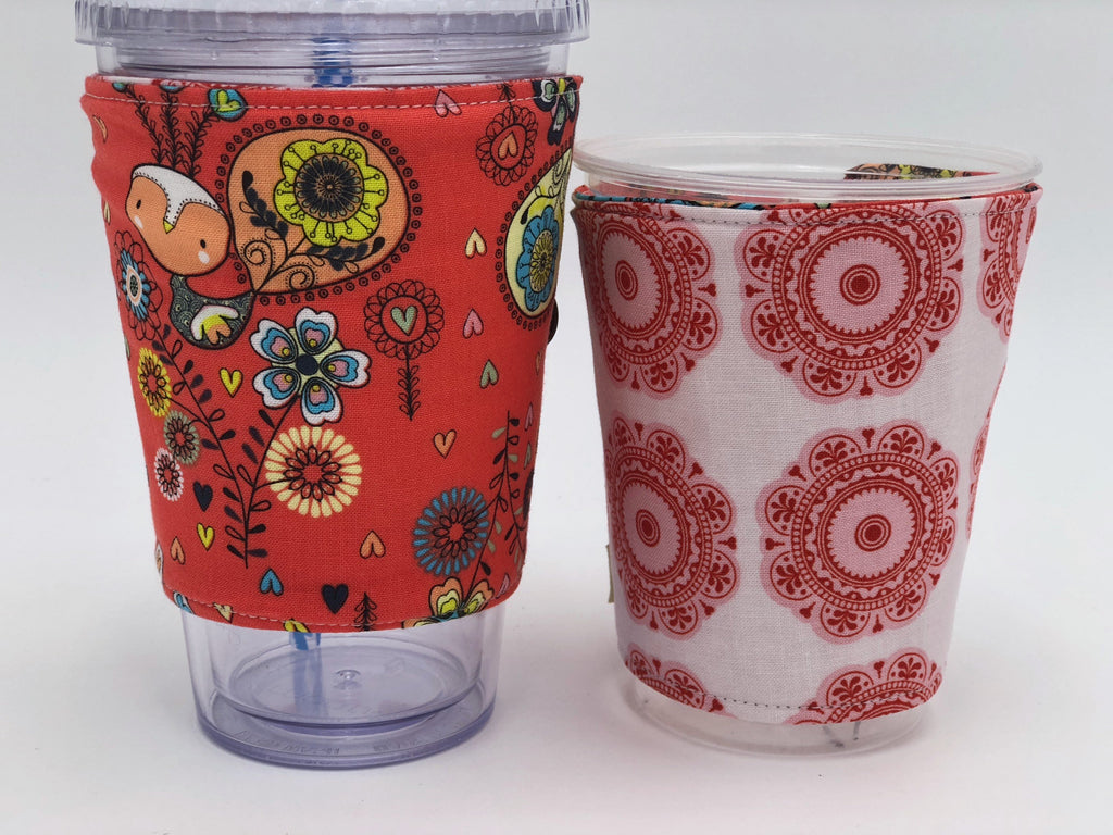 Peacock Iced Coffee Cozy, Red Insulated Hot Coffee Sleeve, Reversible Drink Cozy - EcoHip Custom Designs