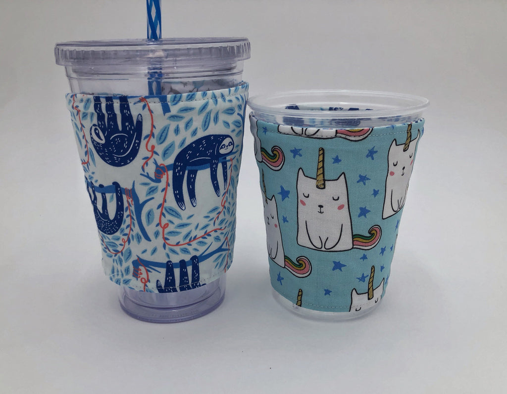 Blue Sloth Iced Coffee Cozy, Caticorn, Reversible Coffee Cozy, Reusable Drink Sleeve - EcoHip Custom Designs