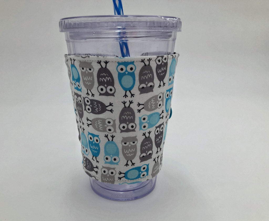 Blue Sloth Iced Coffee Cozy, Gray Owls Insulated Coffee Sleeve, Reversible Drink Cozy - EcoHip Custom Designs