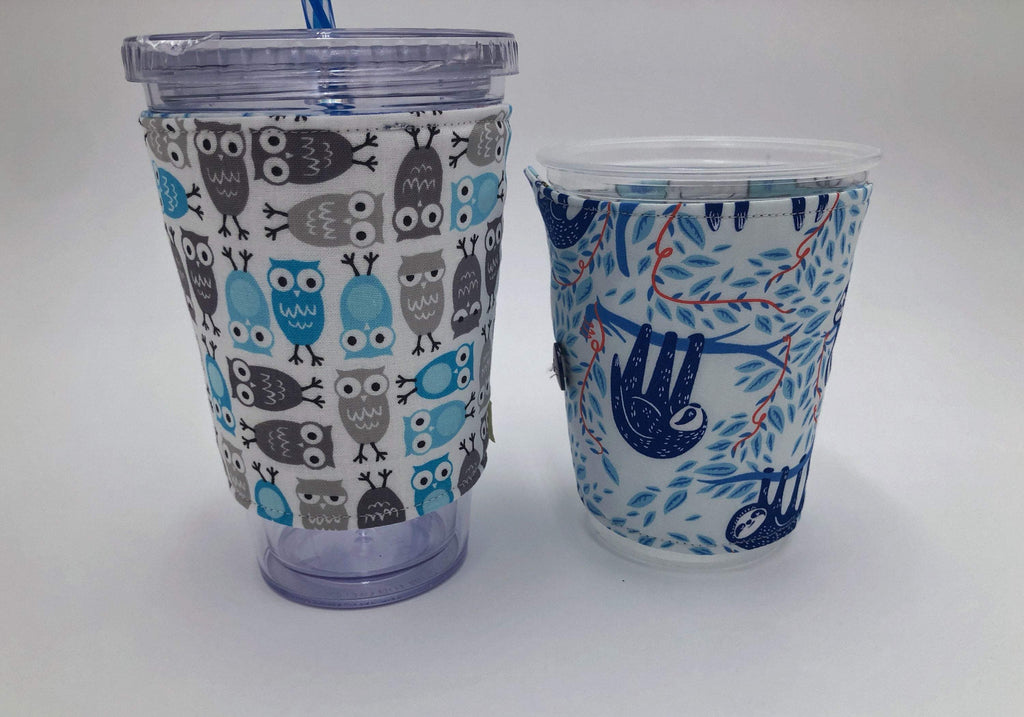 Blue Sloth Iced Coffee Cozy, Gray Owls Insulated Coffee Sleeve, Reversible Drink Cozy - EcoHip Custom Designs