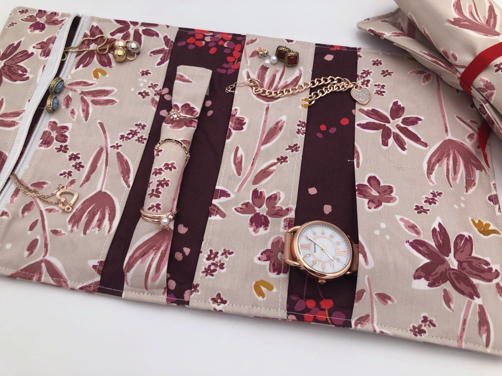 Burgundy Jewelry Organizer, Travel Jewelry Roll Up, Fabric Padded Jewelry Pouch, Beige - EcoHip Custom Designs