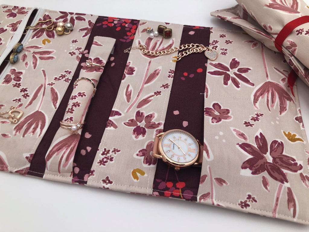 Burgundy Jewelry Organizer, Travel Jewelry Roll Up, Fabric Padded Jewelry Pouch, Beige - EcoHip Custom Designs