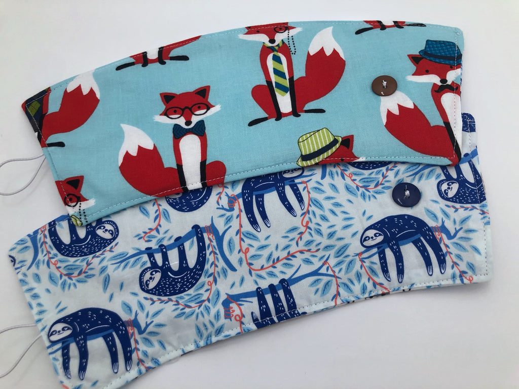 Aqua Blue Foxes Coffee Cozy, Reversible Iced Drink Sleeve, Sloth Insulated Hot Tea Cozy - EcoHip Custom Designs