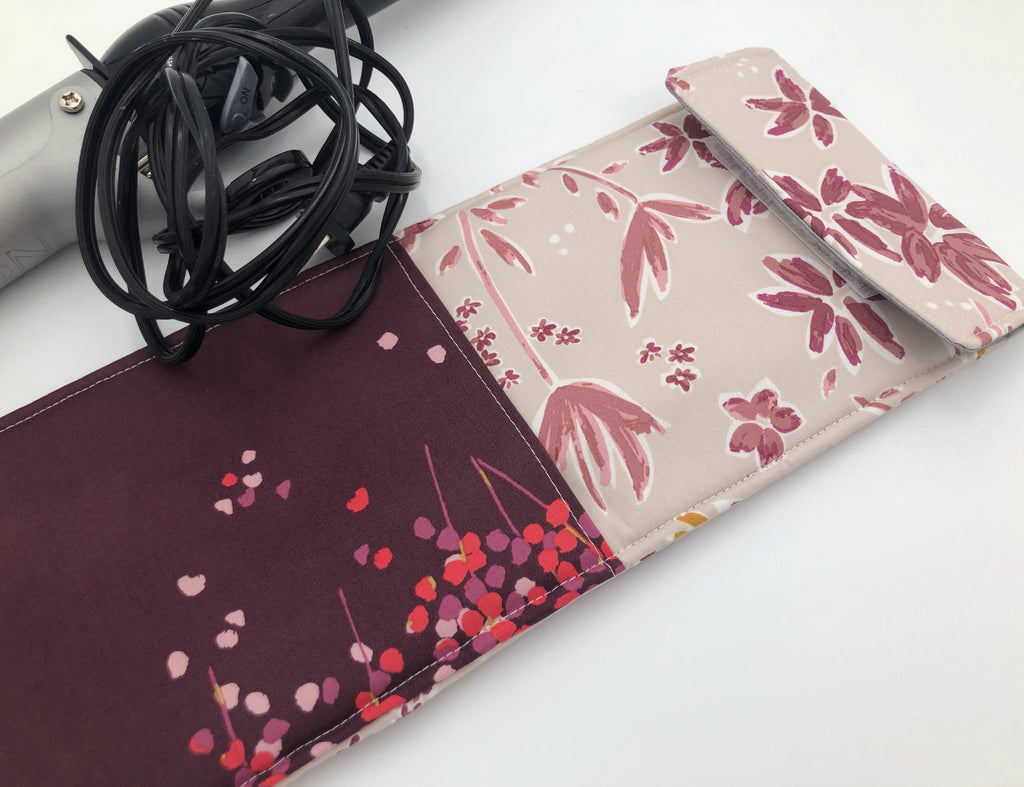 Dark Beige Curling Iron Case, Burgundy Flat Iron Holder, Travel Curling Wand Bag - EcoHip Custom Designs