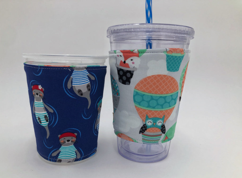 Blue Otter Coffee Cozy, Air Balloon Coffee Sleeve, Insulated, Reversible Coffee Cuff - EcoHip Custom Designs