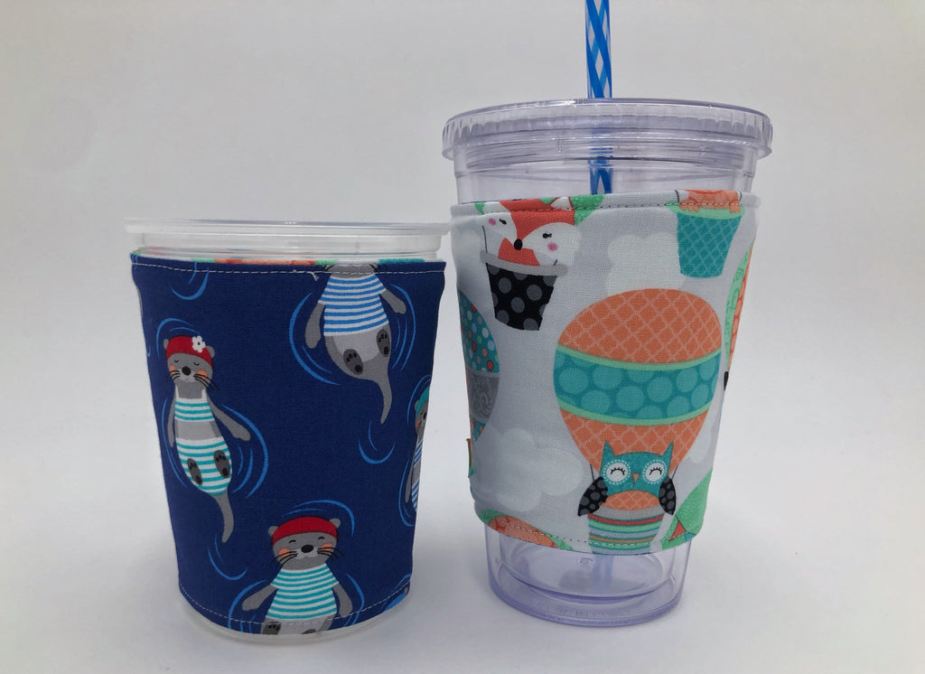 Blue Otter Coffee Cozy, Air Balloon Coffee Sleeve, Insulated, Reversible Coffee Cuff - EcoHip Custom Designs