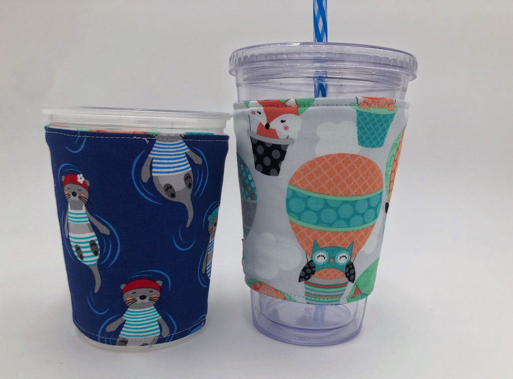 Blue Otter Coffee Cozy, Air Balloon Coffee Sleeve, Insulated, Reversible Coffee Cuff - EcoHip Custom Designs