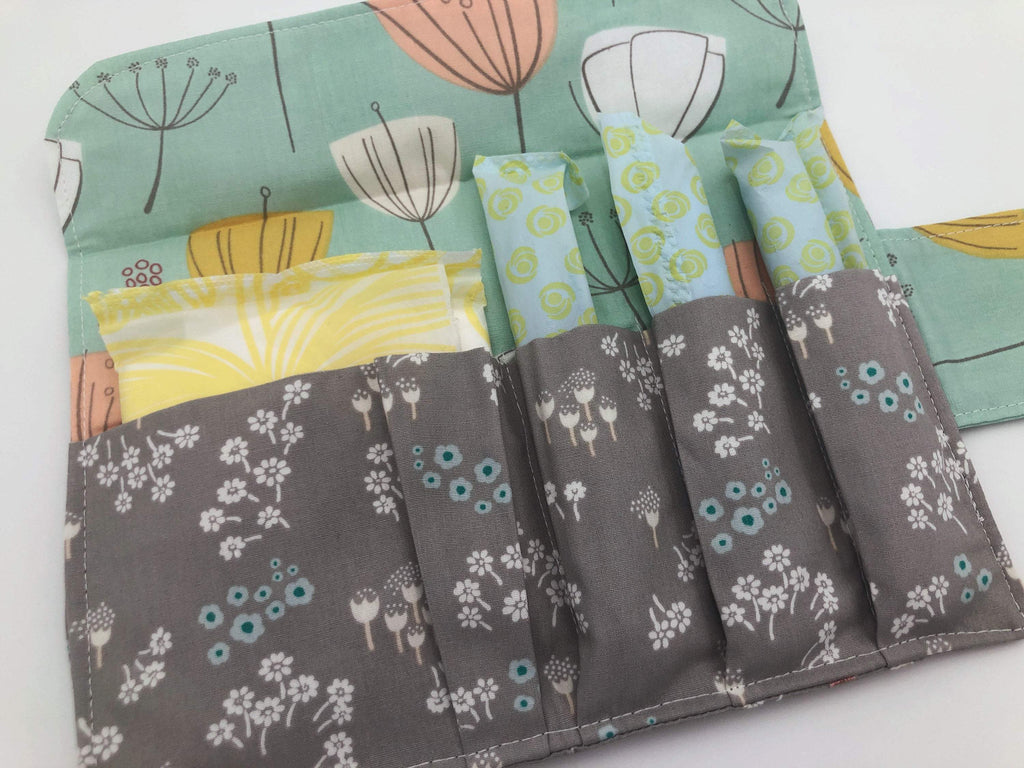 Gray Floral Sanitary Pad Pouch, Green Blooms Tampon Holder, Tampon Bag - EcoHip Custom Designs