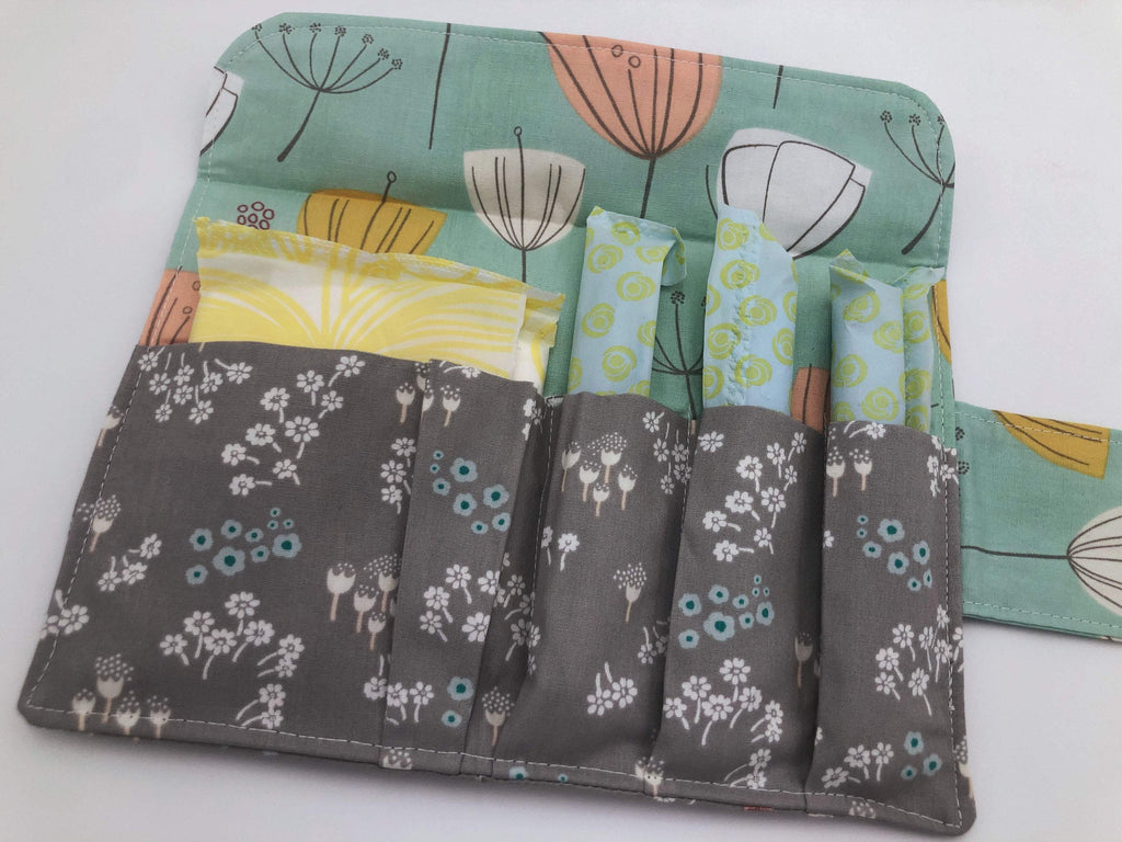 Gray Floral Sanitary Pad Pouch, Green Blooms Tampon Holder, Tampon Bag - EcoHip Custom Designs