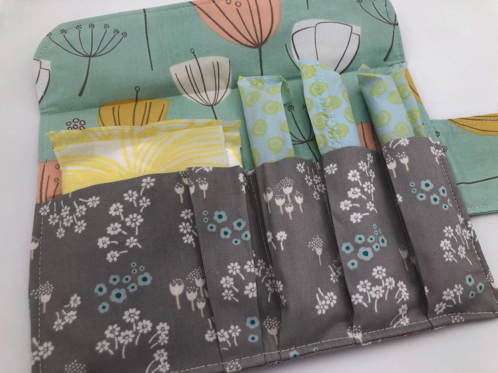 Gray Floral Sanitary Pad Pouch, Green Blooms Tampon Holder, Tampon Bag - EcoHip Custom Designs