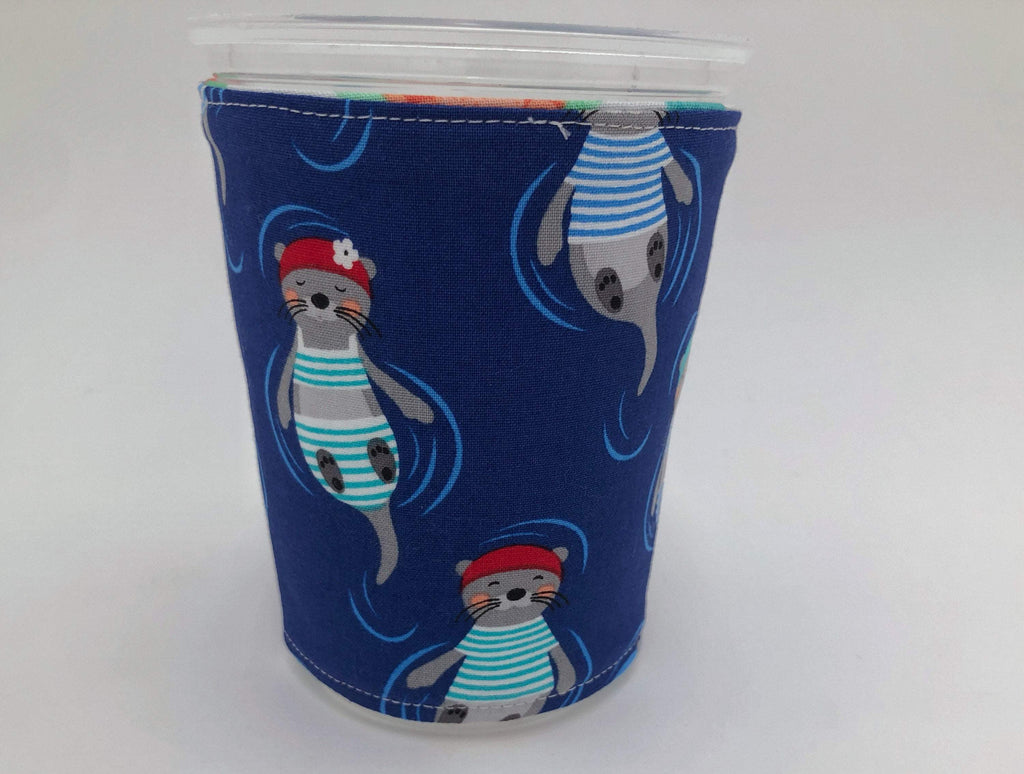 Otter Insulated Coffee Cozy, Animals, Monkey Reversible Iced Coffee Sleeve, Hot Tea Sleeve - EcoHip Custom Designs