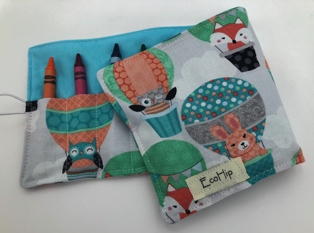 Balloon Crayon Roll Up, Owl Crayon Caddy, Blue Crayon Case, Foxes, Stocking Stuffer - EcoHip Custom Designs