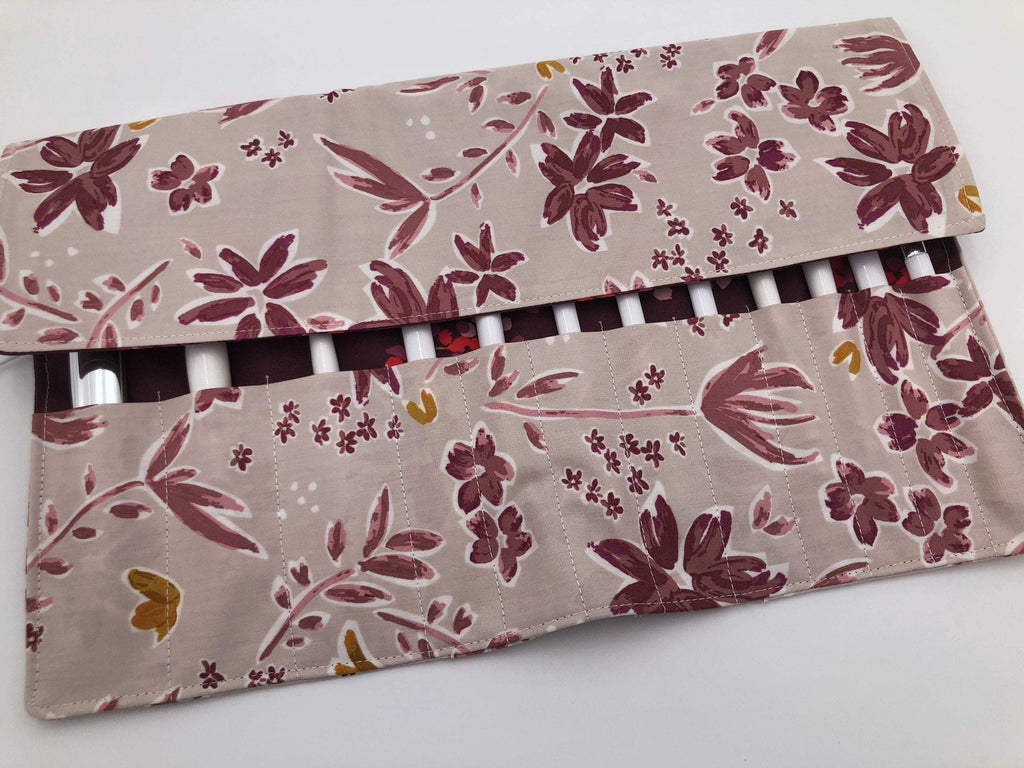 Red Foliage Brush Roll, Magenta Travel Makeup Brush Case, Cosmetic Brush Bag - EcoHip Custom Designs