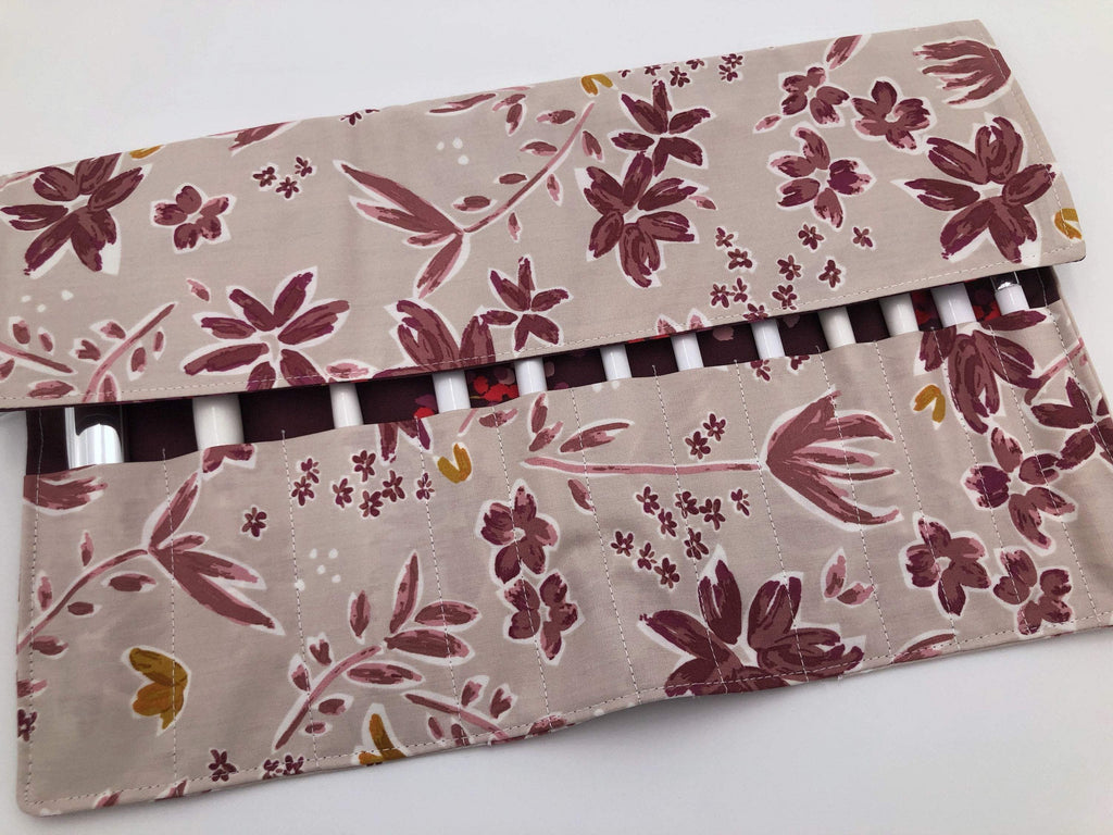 Red Foliage Brush Roll, Magenta Travel Makeup Brush Case, Cosmetic Brush Bag - EcoHip Custom Designs