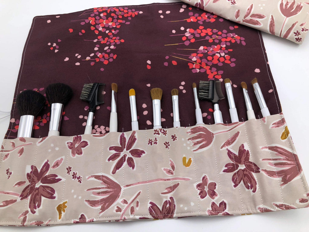 Red Foliage Brush Roll, Magenta Travel Makeup Brush Case, Cosmetic Brush Bag - EcoHip Custom Designs