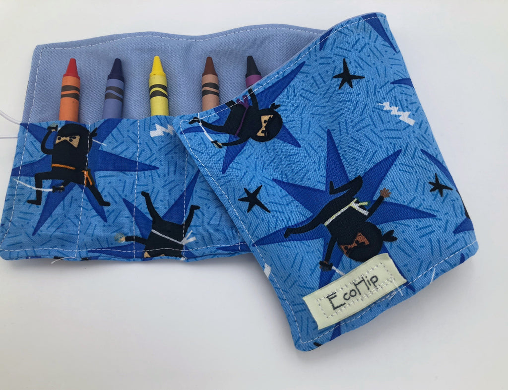 Blue Ninja Crayon Roll Up, Travel Martial Arts Toy, Crayon Wallet, Crayon Case - EcoHip Custom Designs