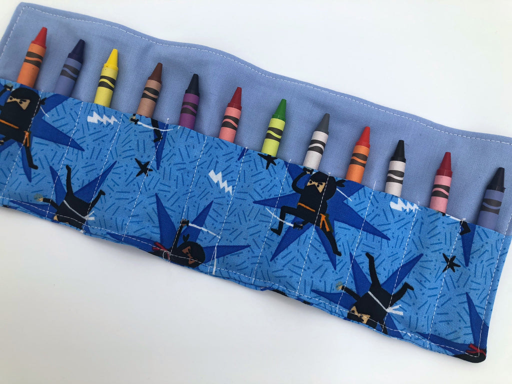 Blue Ninja Crayon Roll Up, Travel Martial Arts Toy, Crayon Wallet, Crayon Case - EcoHip Custom Designs