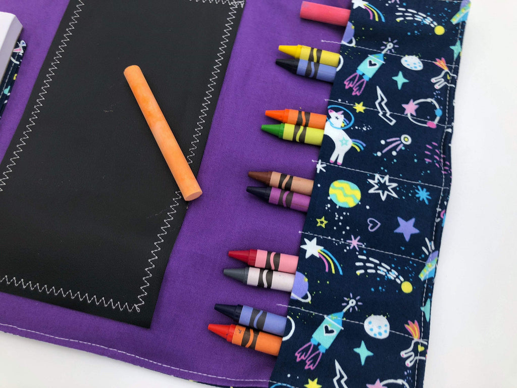 Creative Crayon Wallet, Unicorns, Outer Space Chalk Board Roll Up, Purple Crafts for Toddlers - EcoHip Custom Designs