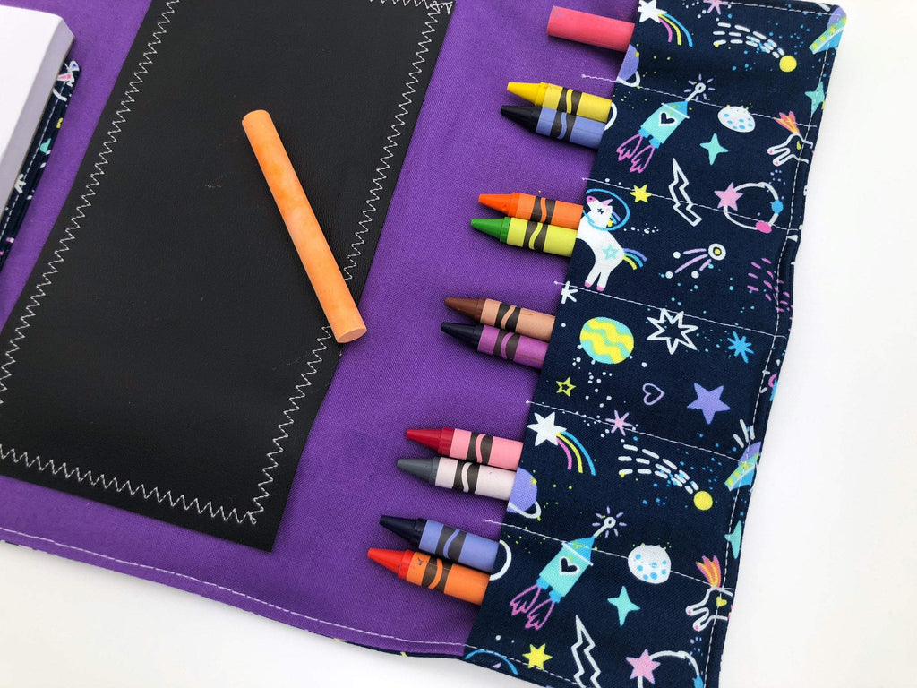 Creative Crayon Wallet, Unicorns, Outer Space Chalk Board Roll Up, Purple Crafts for Toddlers - EcoHip Custom Designs