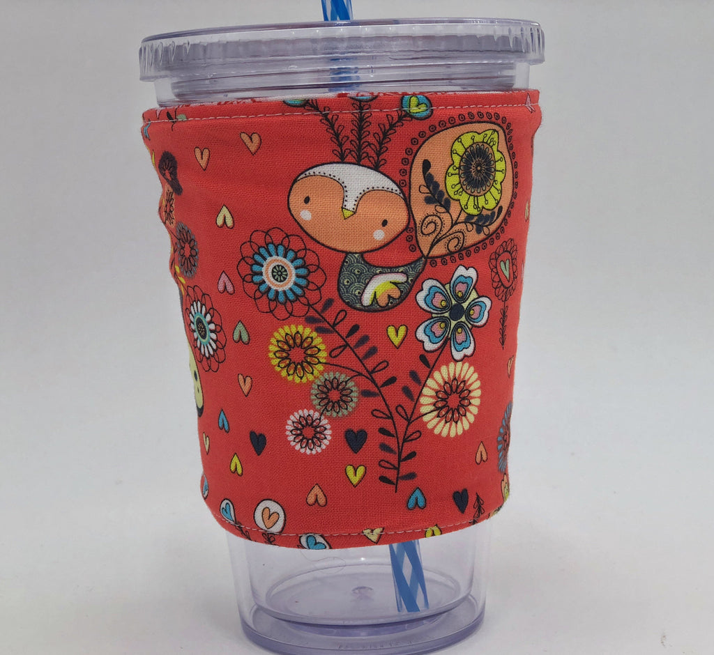 Peacock Iced Coffee Cozy, Red Insulated Hot Coffee Sleeve, Reversible Drink Cozy - EcoHip Custom Designs