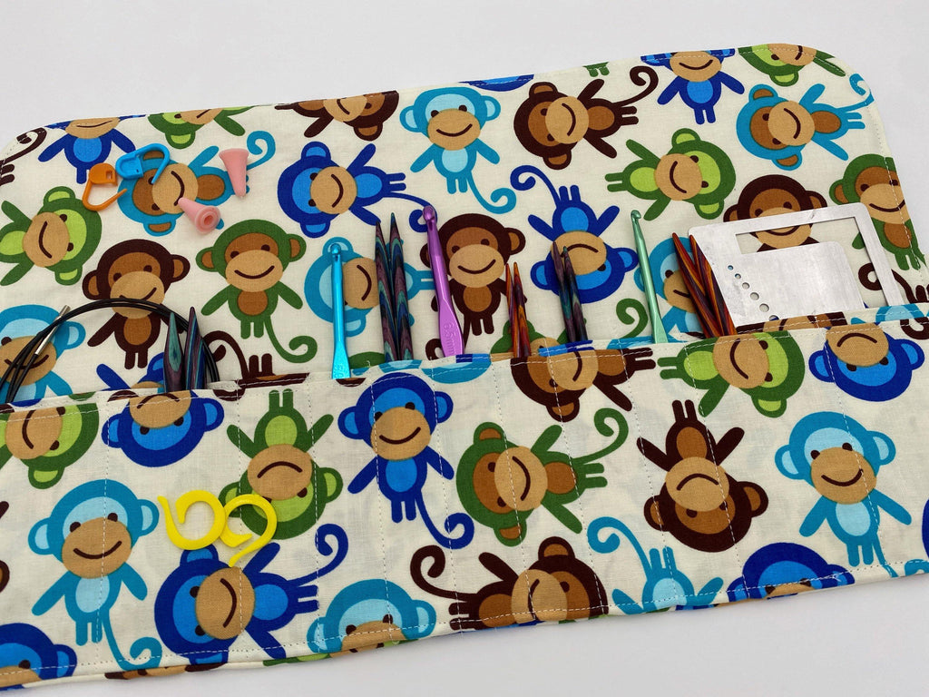 Interchangeable Knitting Needle Case, Notions Storage. Crochet Hook Roll, Knitting Needle Organizer, Monkeys Blue