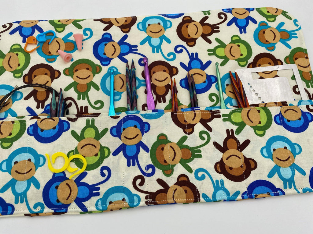 Interchangeable Knitting Needle Case, Notions Storage. Crochet Hook Roll, Knitting Needle Organizer, Monkeys Blue