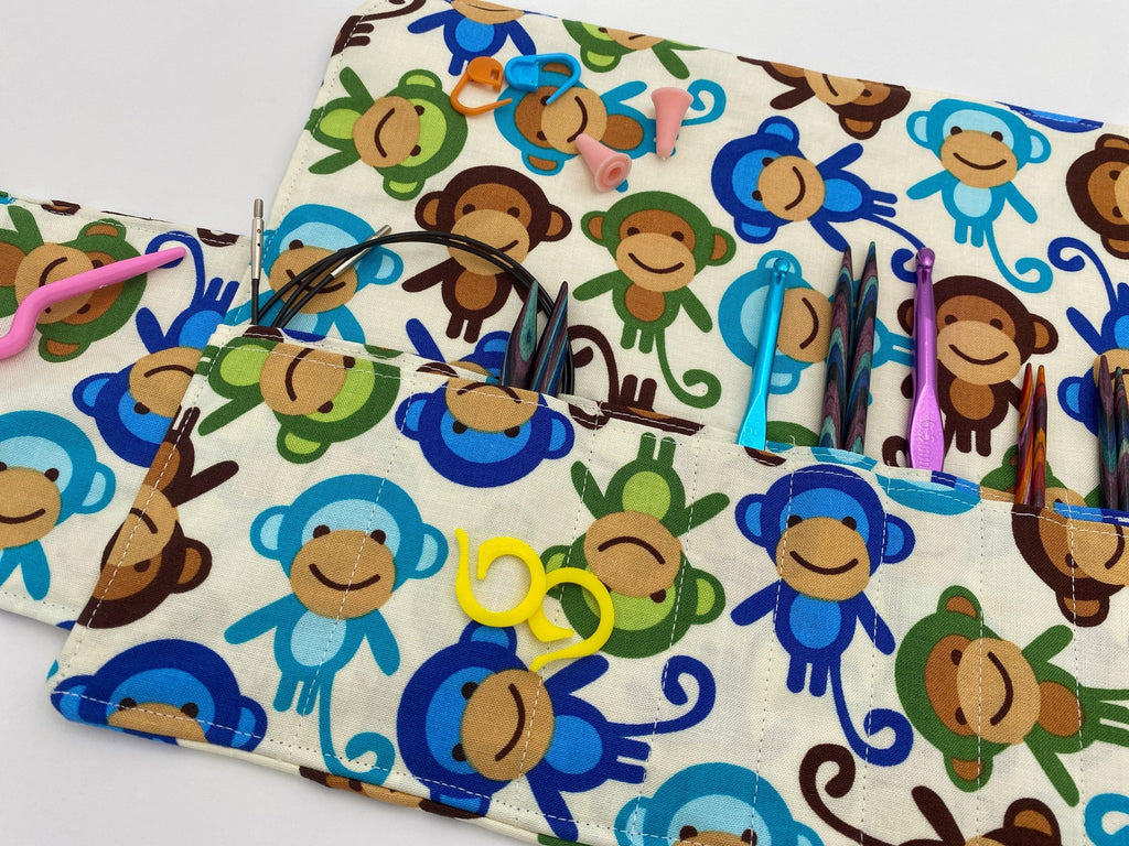 Interchangeable Knitting Needle Case, Notions Storage. Crochet Hook Roll, Knitting Needle Organizer, Monkeys Blue