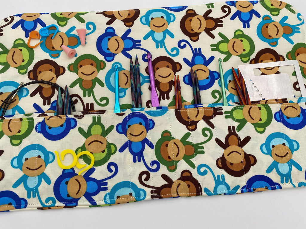 Interchangeable Knitting Needle Case, Notions Storage. Crochet Hook Roll, Knitting Needle Organizer, Monkeys Blue