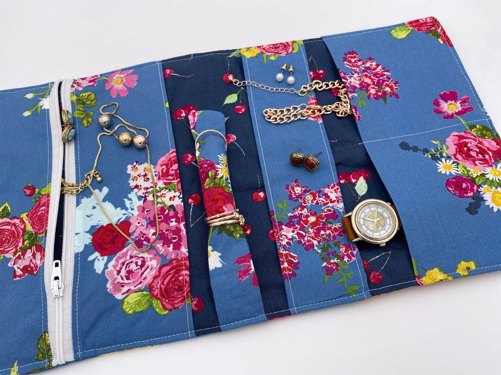 Travel Jewelry Roll, Jewelry Organizer, Jewelry Case, Jewelry Roll Up, Jewelry Travel Bag, Blossoms in Marine