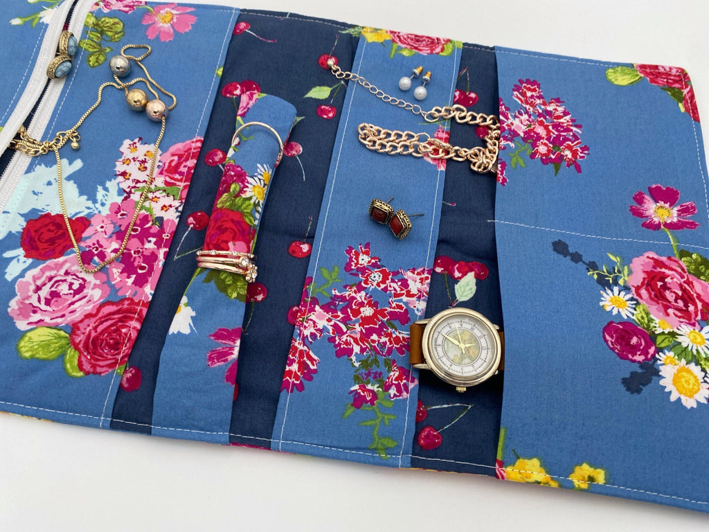 Travel Jewelry Roll, Jewelry Organizer, Jewelry Case, Jewelry Roll Up, Jewelry Travel Bag, Blossoms in Marine