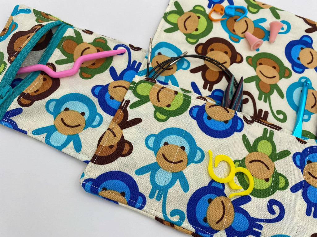 Interchangeable Knitting Needle Case, Notions Storage. Crochet Hook Roll, Knitting Needle Organizer, Monkeys Blue