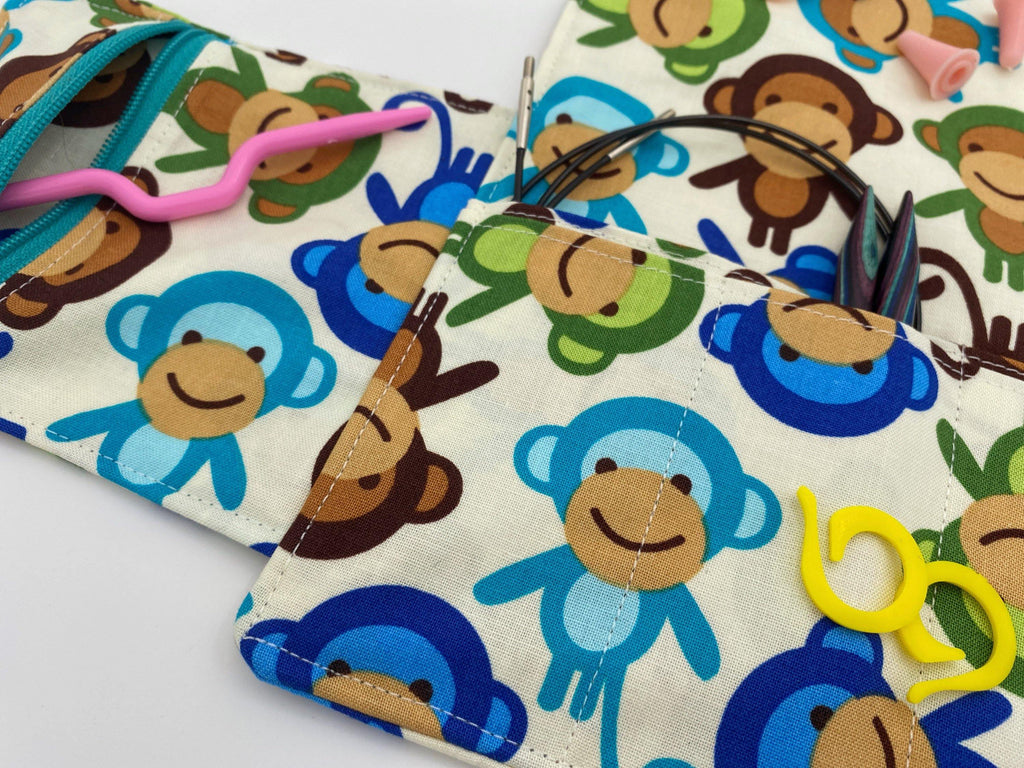 Interchangeable Knitting Needle Case, Notions Storage. Crochet Hook Roll, Knitting Needle Organizer, Monkeys Blue