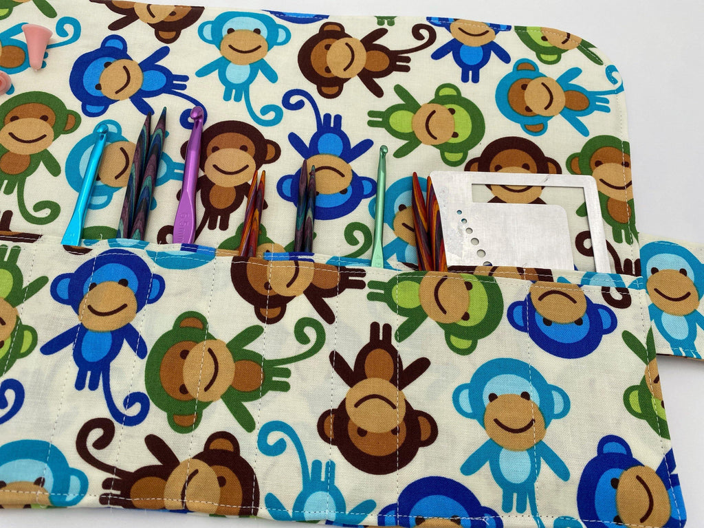 Interchangeable Knitting Needle Case, Notions Storage. Crochet Hook Roll, Knitting Needle Organizer, Monkeys Blue