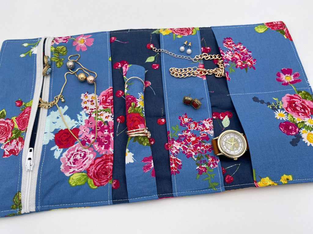 Travel Jewelry Roll, Jewelry Organizer, Jewelry Case, Jewelry Roll Up, Jewelry Travel Bag, Blossoms in Marine