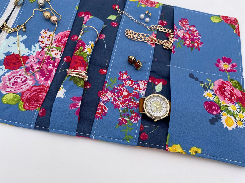 Travel Jewelry Roll, Jewelry Organizer, Jewelry Case, Jewelry Roll Up, Jewelry Travel Bag, Blossoms in Marine