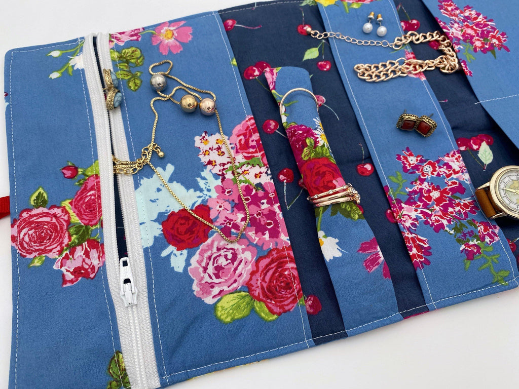 Travel Jewelry Roll, Jewelry Organizer, Jewelry Case, Jewelry Roll Up, Jewelry Travel Bag, Blossoms in Marine