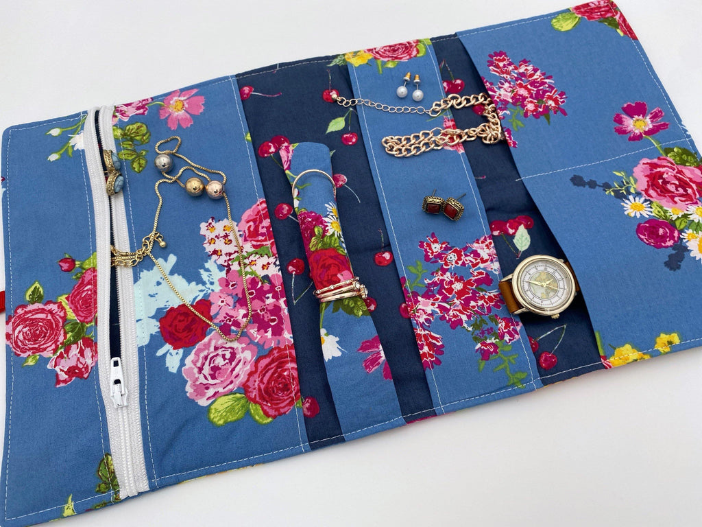 Travel Jewelry Roll, Jewelry Organizer, Jewelry Case, Jewelry Roll Up, Jewelry Travel Bag, Blossoms in Marine