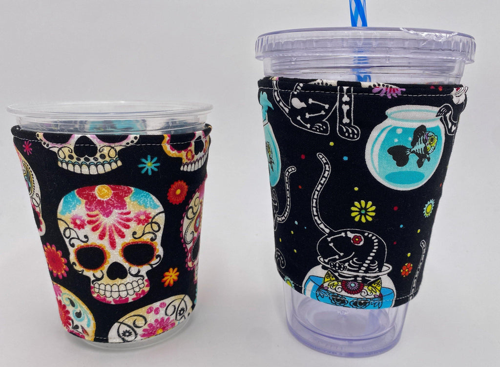 Reversible Coffee Cozy, Insulated Coffee Sleeve, Coffee Cuff, Iced Coffee Sleeve, Hot Tea Sleeve, Cold Drink Cup Cuff - Sugar Skull, Cat