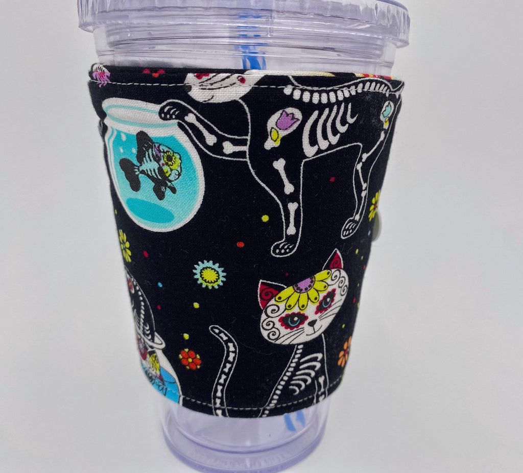 Reversible Coffee Cozy, Insulated Coffee Sleeve, Coffee Cuff, Iced Coffee Sleeve, Hot Tea Sleeve, Cold Drink Cup Cuff - Sugar Skull, Cat