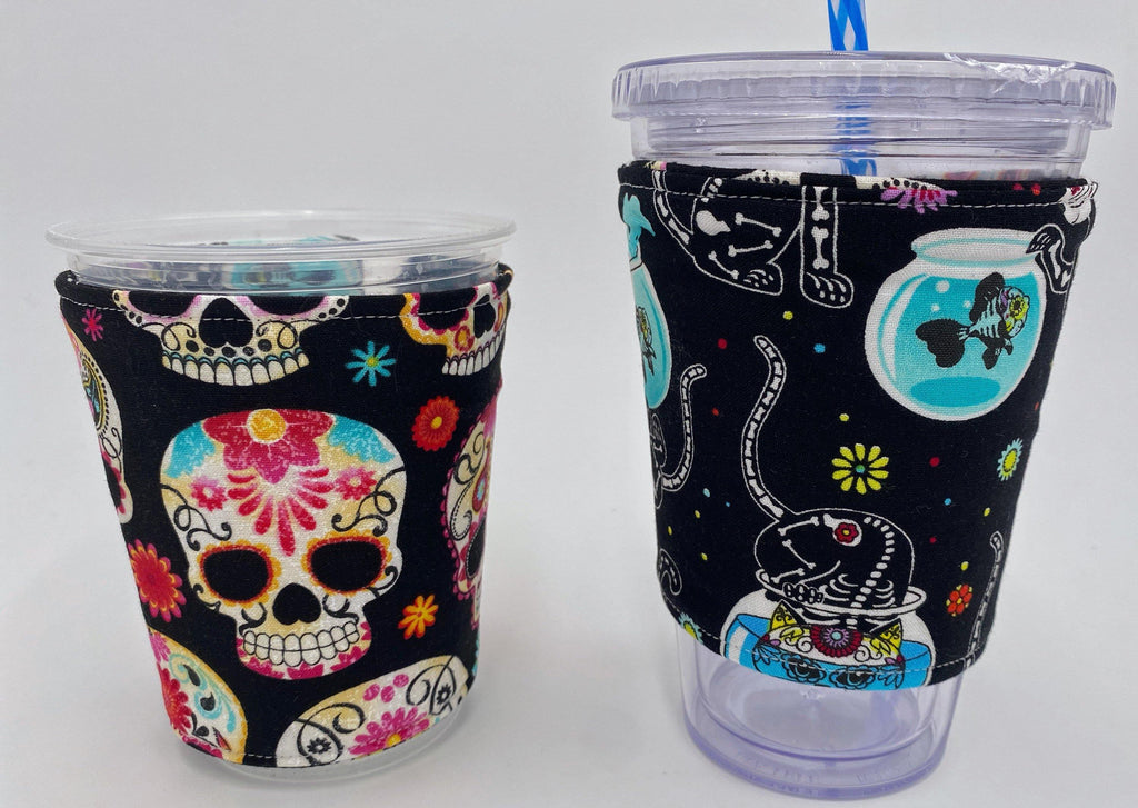 Reversible Coffee Cozy, Insulated Coffee Sleeve, Coffee Cuff, Iced Coffee Sleeve, Hot Tea Sleeve, Cold Drink Cup Cuff - Sugar Skull, Cat