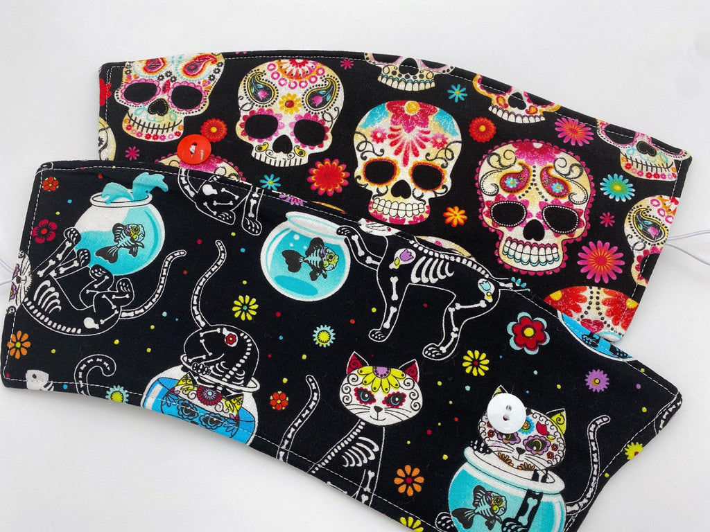 Reversible Coffee Cozy, Insulated Coffee Sleeve, Coffee Cuff, Iced Coffee Sleeve, Hot Tea Sleeve, Cold Drink Cup Cuff - Sugar Skull, Cat