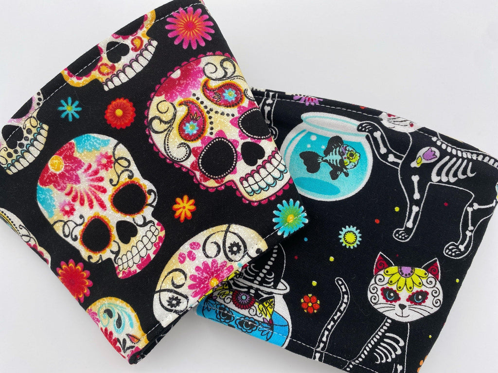 Reversible Coffee Cozy, Insulated Coffee Sleeve, Coffee Cuff, Iced Coffee Sleeve, Hot Tea Sleeve, Cold Drink Cup Cuff - Sugar Skull, Cat