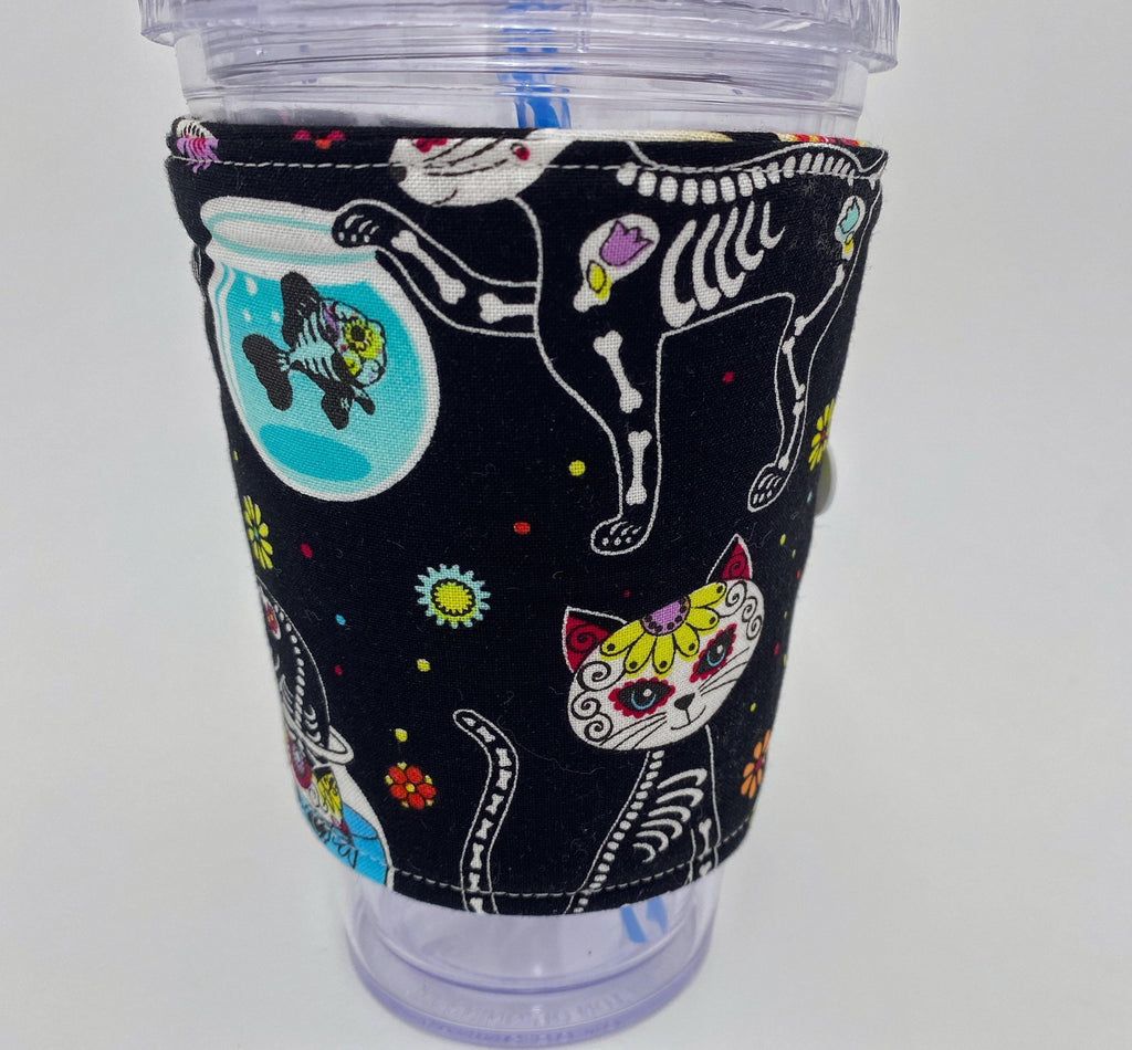 Reversible Coffee Cozy, Insulated Coffee Sleeve, Coffee Cuff, Iced Coffee Sleeve, Hot Tea Sleeve, Cold Drink Cup Cuff - Sugar Skull, Cat