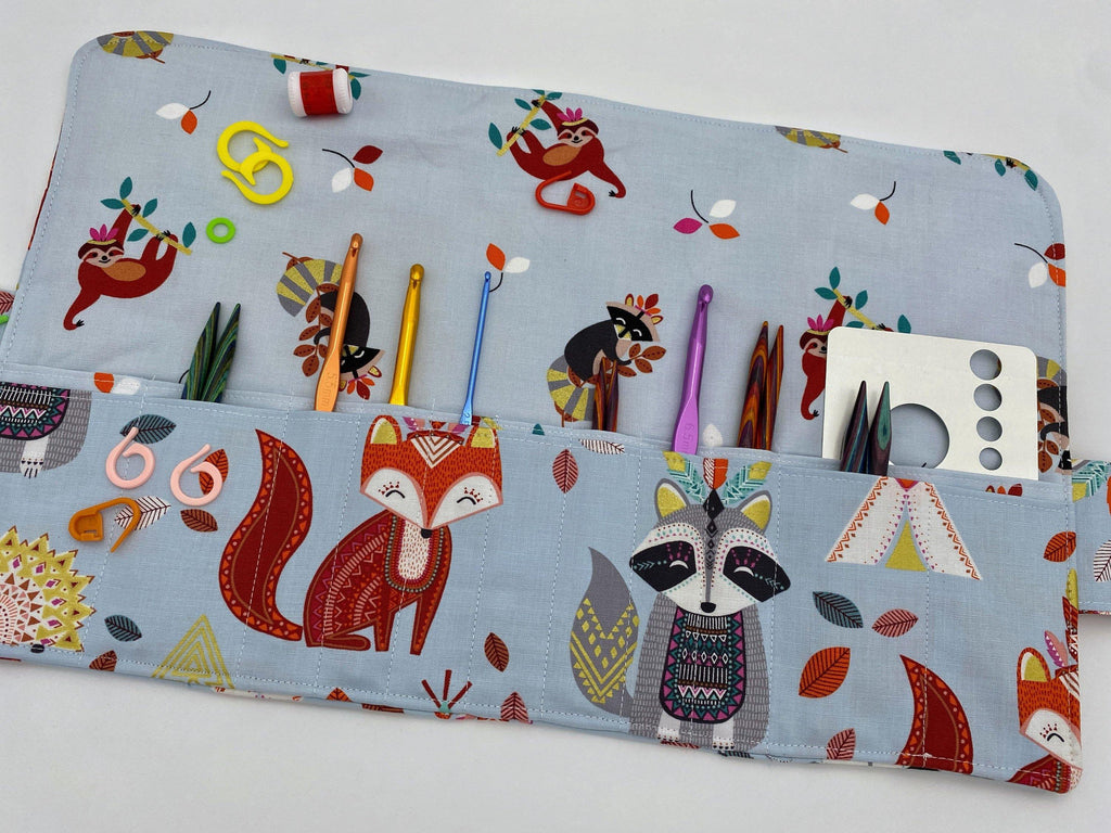 Interchangeable Knitting Needle Case, Knitting Notions Storage, Crochet Hook Roll, Knitting Needle Organizer - Afternoon Animals