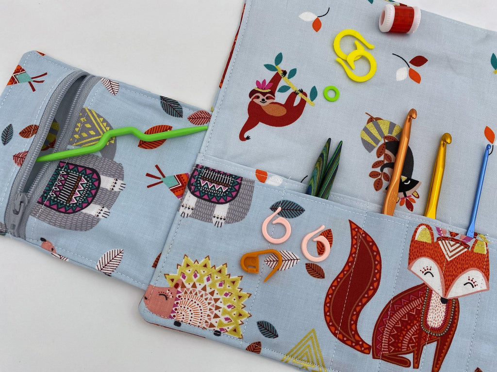 Interchangeable Knitting Needle Case, Knitting Notions Storage, Crochet Hook Roll, Knitting Needle Organizer - Afternoon Animals