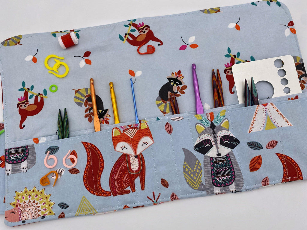 Interchangeable Knitting Needle Case, Knitting Notions Storage, Crochet Hook Roll, Knitting Needle Organizer - Afternoon Animals