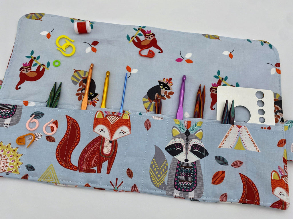 Interchangeable Knitting Needle Case, Knitting Notions Storage, Crochet Hook Roll, Knitting Needle Organizer - Afternoon Animals