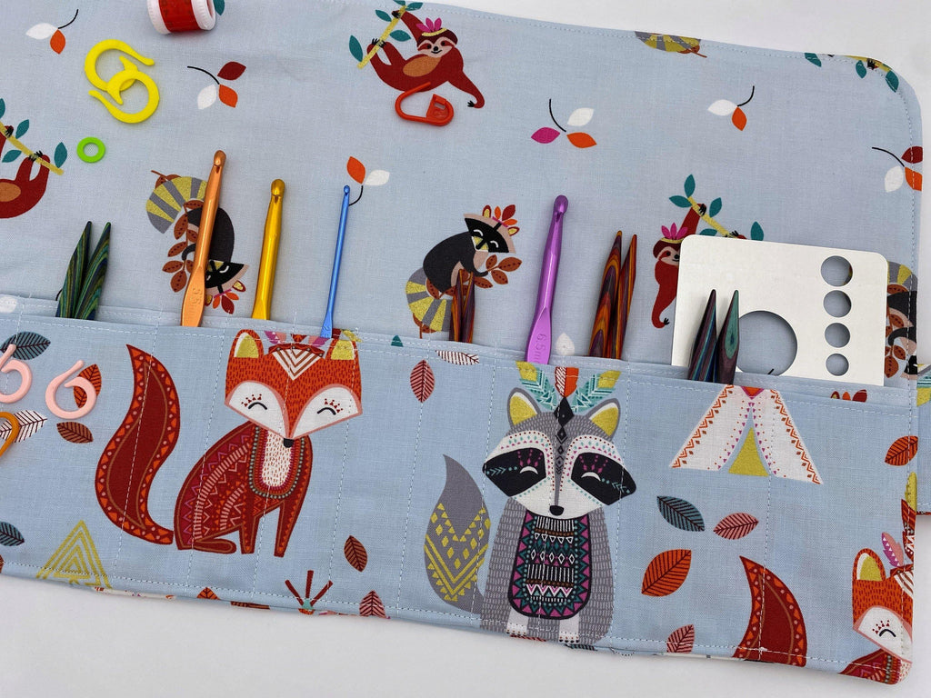 Interchangeable Knitting Needle Case, Knitting Notions Storage, Crochet Hook Roll, Knitting Needle Organizer - Afternoon Animals