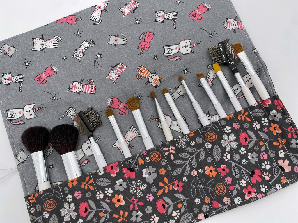 Makeup Brush Roll, Travel Make Up Brush Holder, Makeup Brush Bag, Fabric Makeup Brush Organizer, Knitting Needle Roll - Floral Kitty Gray